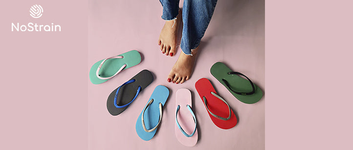 NoStrain dual-colored flip-flops in Olive & Black, Melon Red & Grey, and Grey & Cornflower Blue, made from 100% natural rubber for a stylish, eco-friendly summer look.