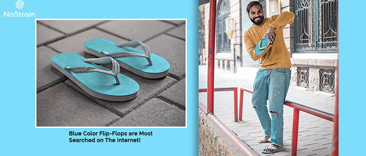 Blue and grey contrast rubber flip-flops for men and women by NoStrain.