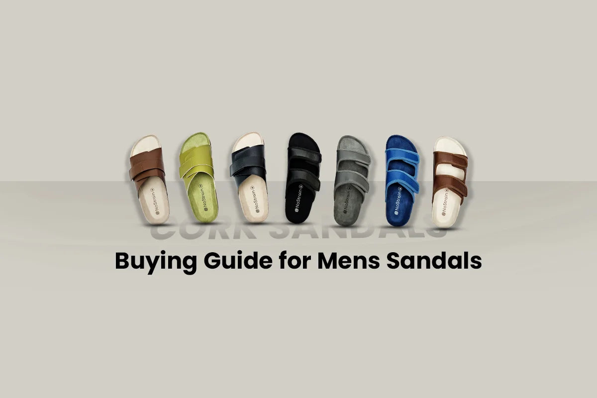 Men's sandals in various materials like cork, vegan leather, EVA sole, and rubber for comfort, style, and durability.
