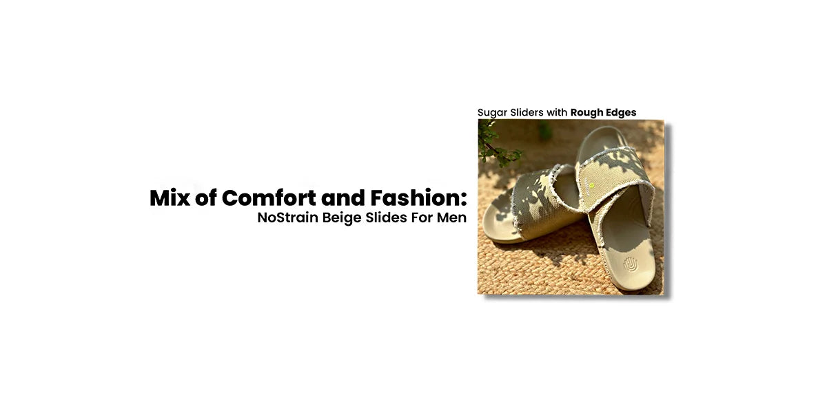 NoStrain beige sugar sliders for men featuring rough-edged canvas straps and eco-friendly EVA sole for ultimate comfort and stylish design.
