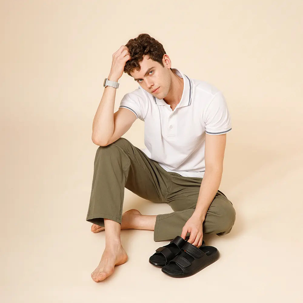 Premium leather sandals for men featuring genuine suede leather insole from NoStrain.