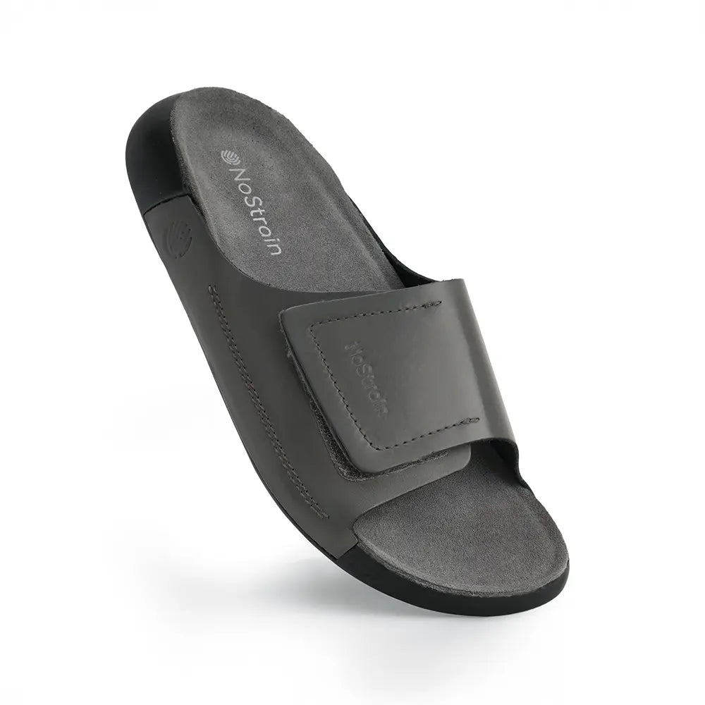 Broad Strap Leather Sliders for men in Slate Grey - LS08