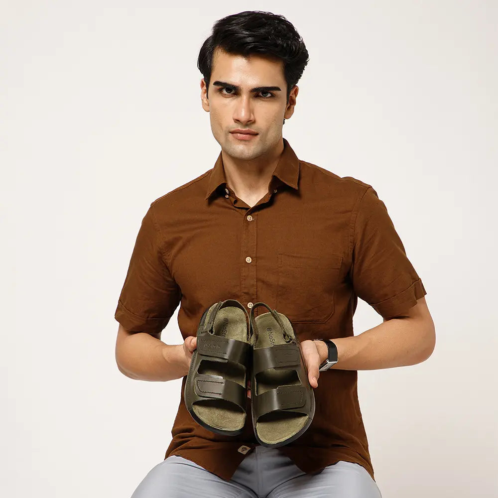 Product image of the Olive Green men's back strap sandal, made with ISI certified materials.