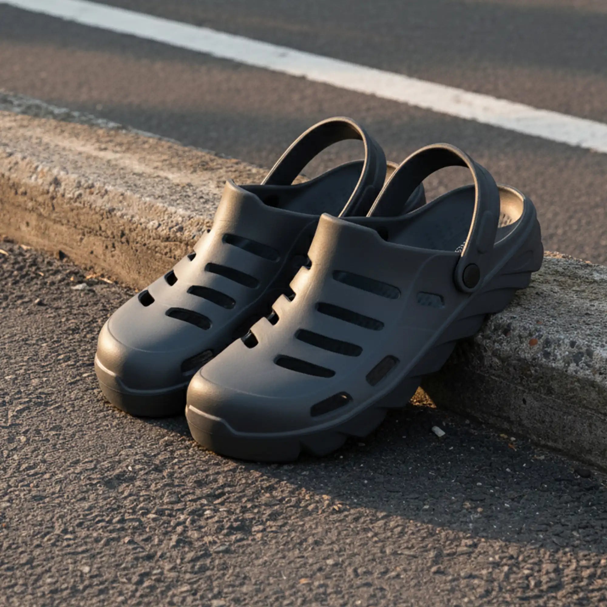 Pair of Grey clogs for men on a concrete surface