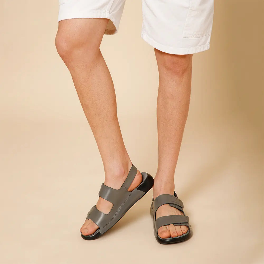 Premium Grey Leather Sandals for Men with Adjustable Back Strap and Genuine Suede Insole by NoStrain.