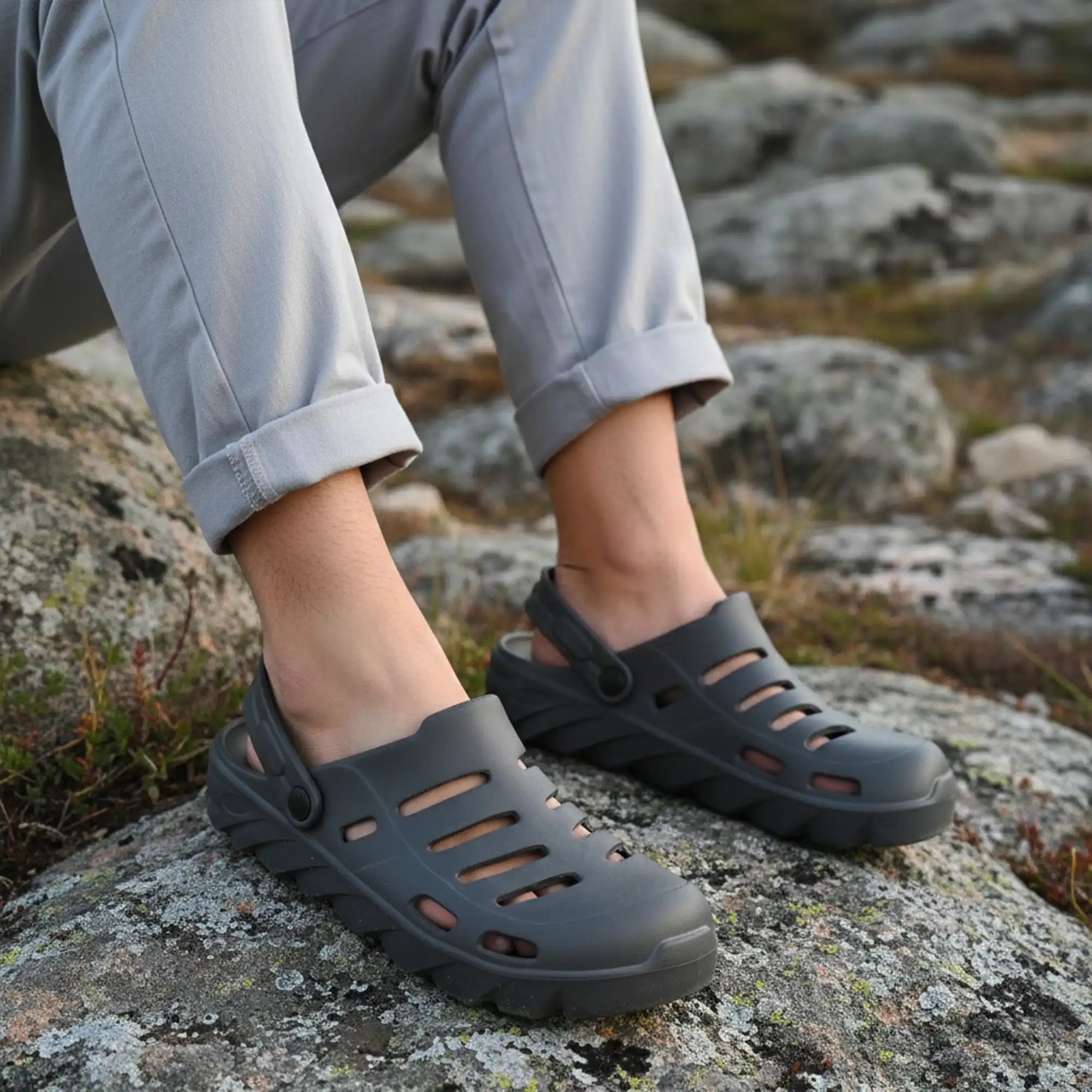 Person wearing NoStrain grey clogs on a rocky surface