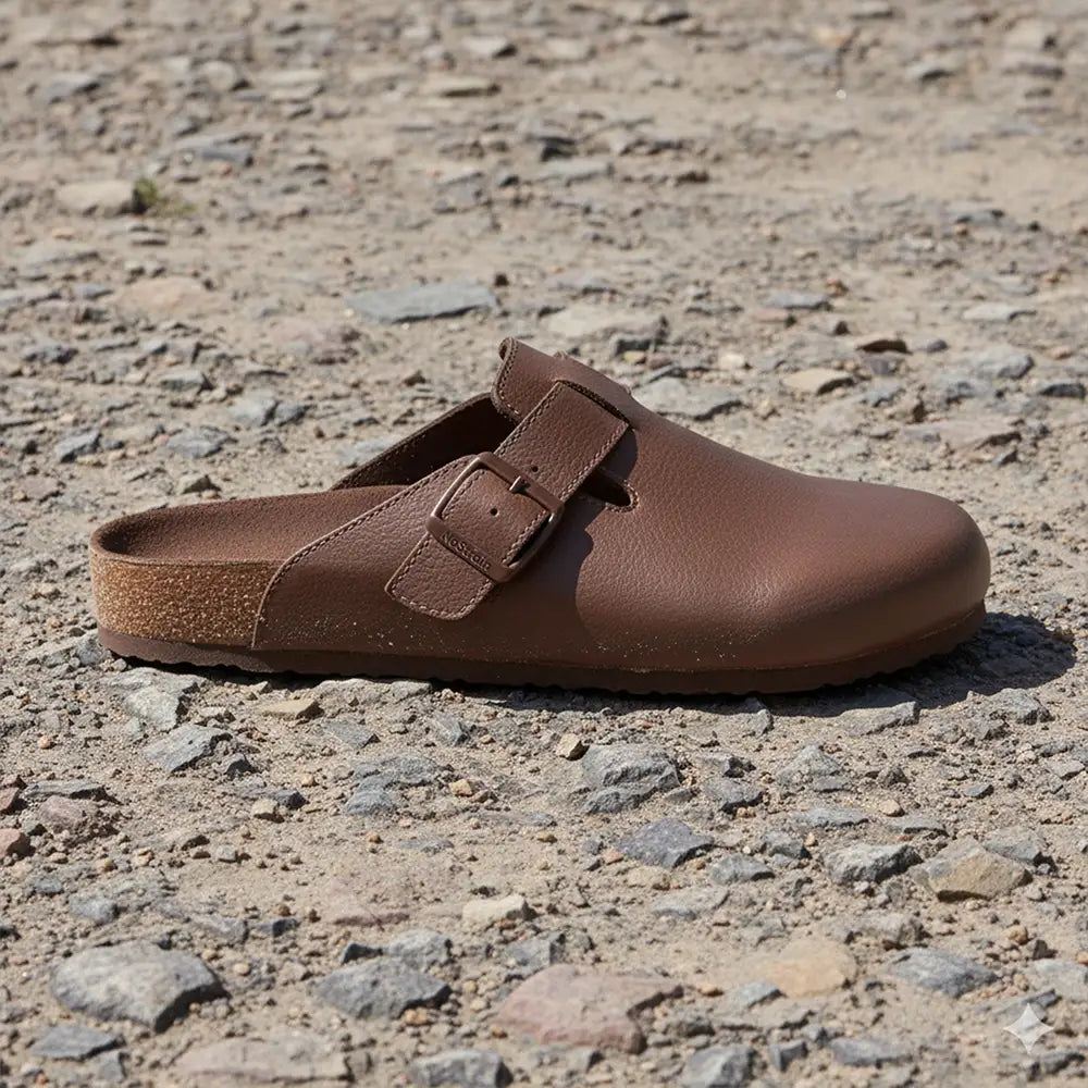 Brown leather mule shoes for men on a gravel surface