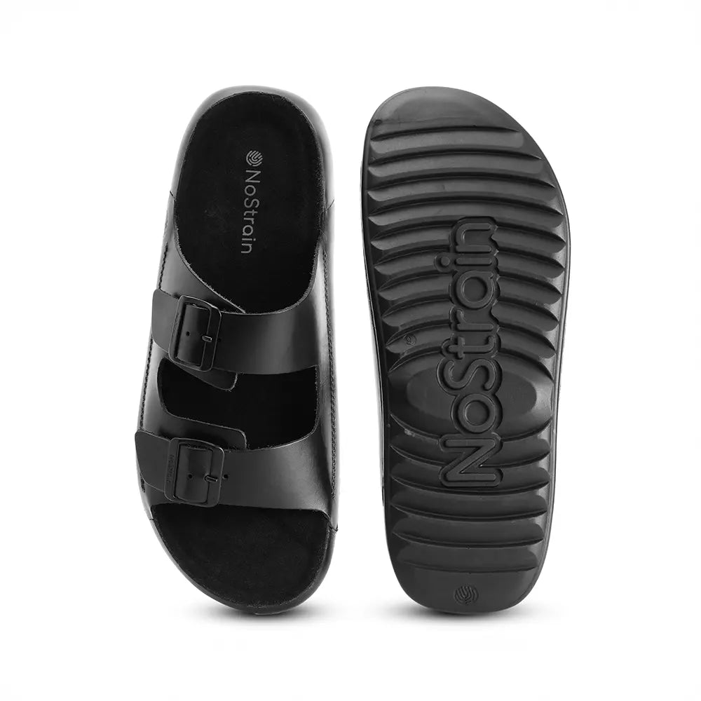 Women's stylish black sandals with eye-catching buckle details and Effortless Style.