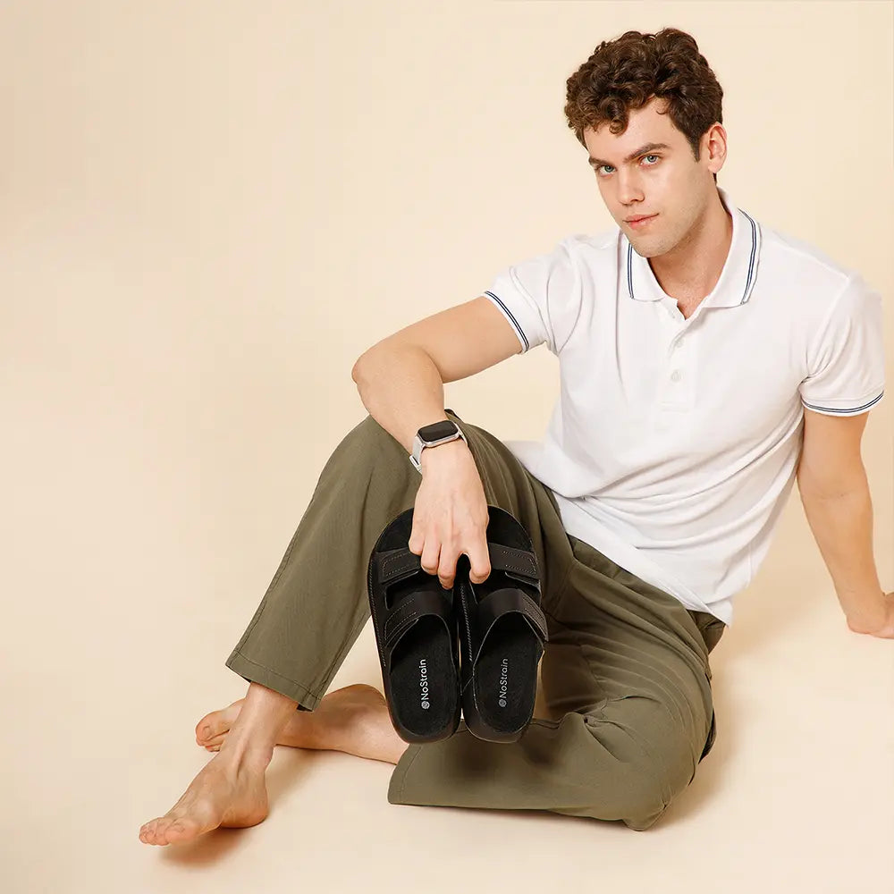 Comfortable men's sandals with dual hook and loop closure by NoStrain.