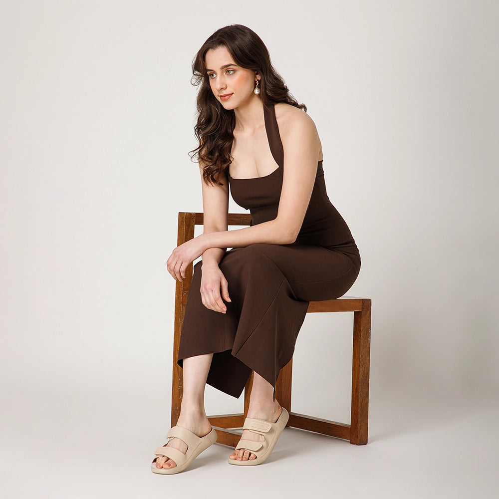 Comfortable NoStrain ladies leather footwear featuring dual hook loop closure and PU sole.