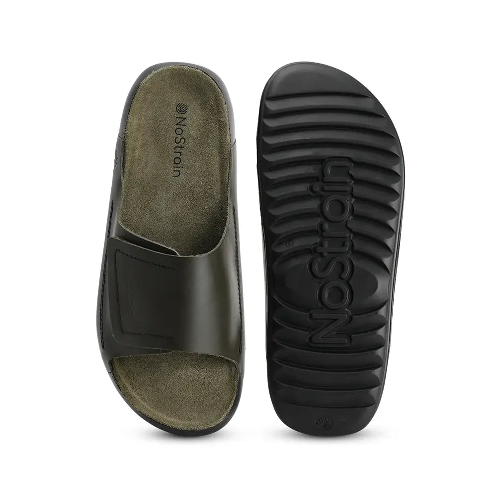 NoStrain luxury leather olive green sliders mens