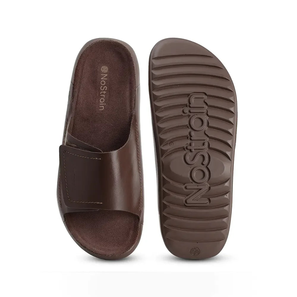 Cookie brown broad strap stylish leather sliders for men