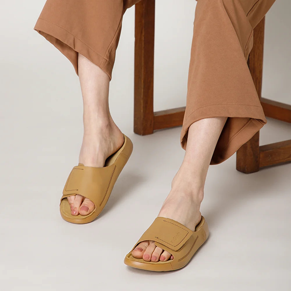 Best NoStrain camel leather sliders for women featuring premium ISI quality and PU outsole.