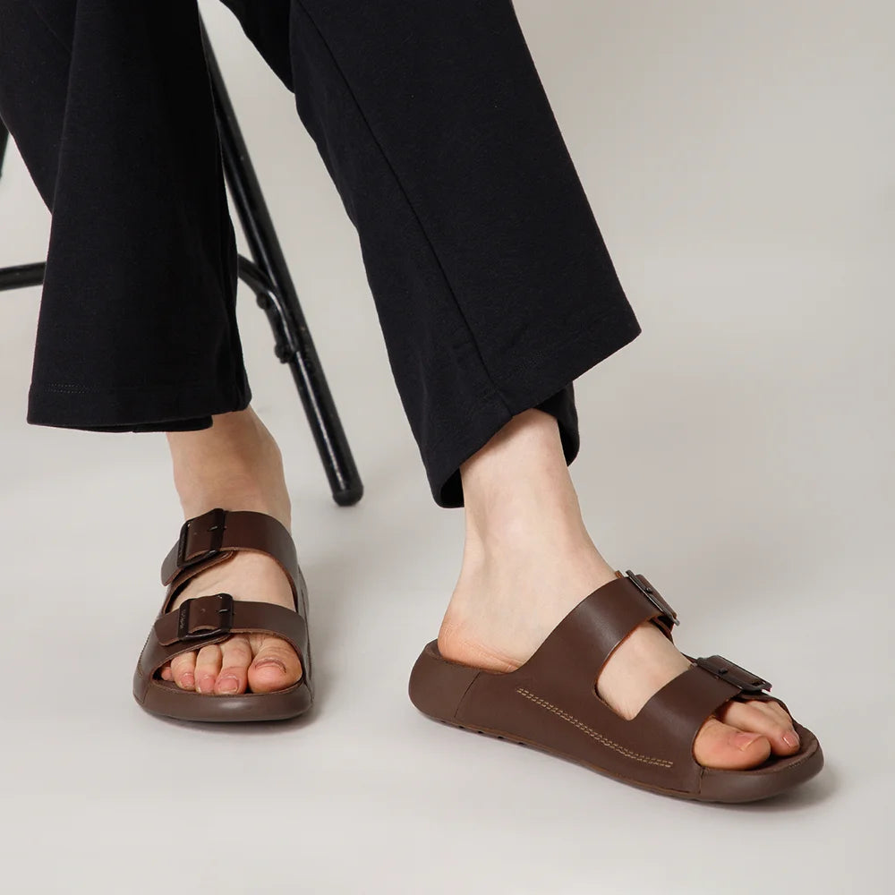 NoStrain women leather footwear brown color with flexible PU grip and premium ISI marked build.