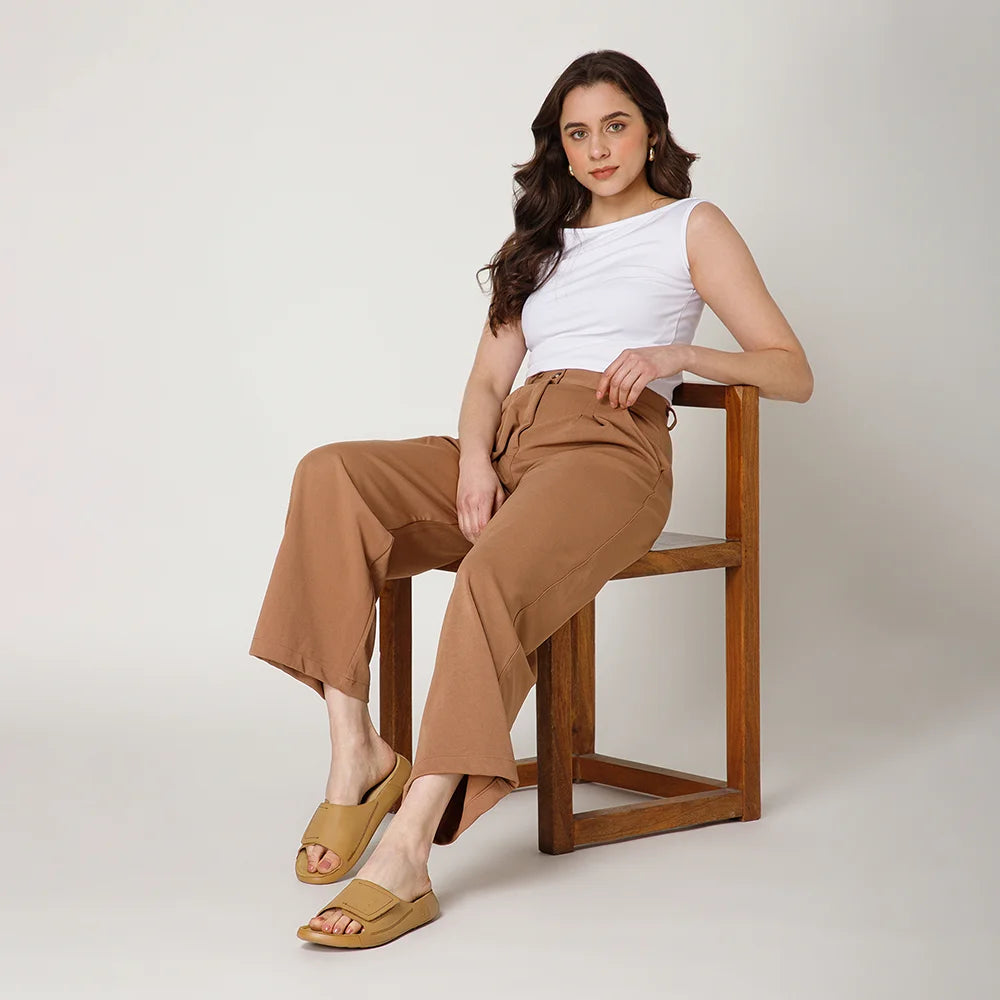 Durable NoStrain ladies camel leather slides with broad strap hook loop and BIS certification.