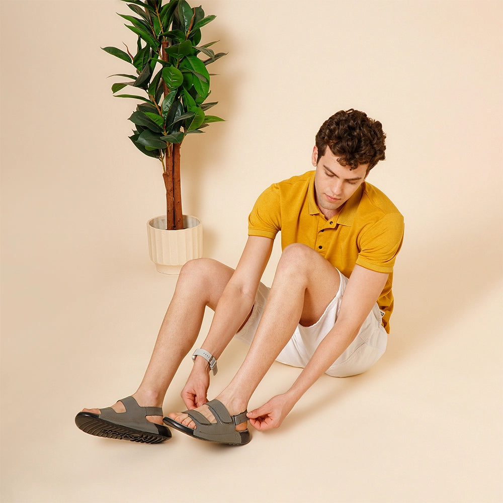 Best Indian Leather Footwear: NoStrain Grey Back Strap Sandals with Premium Leather and Soft Suede Footbed.