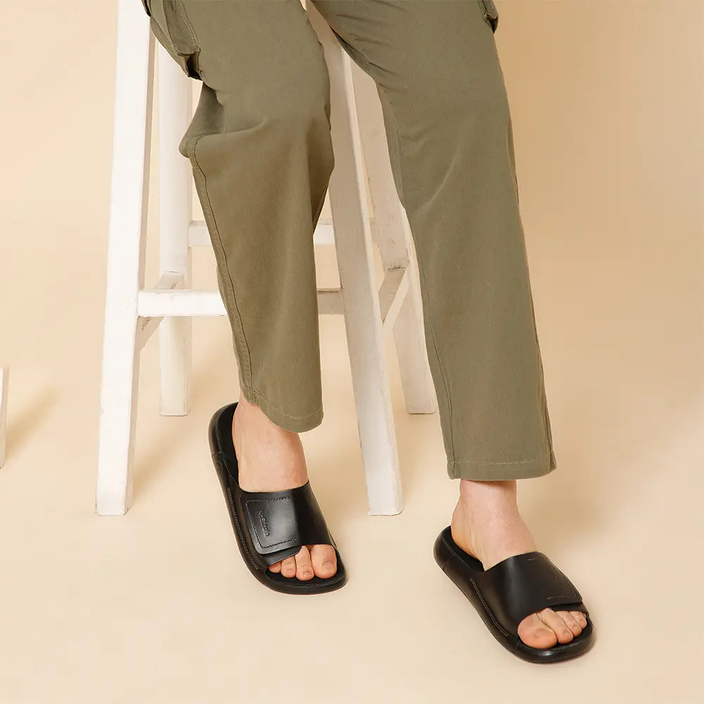 Premium Men's Black Leather Sliders with Broad Strap Design and Genuine Suede Insole by NoStrain
