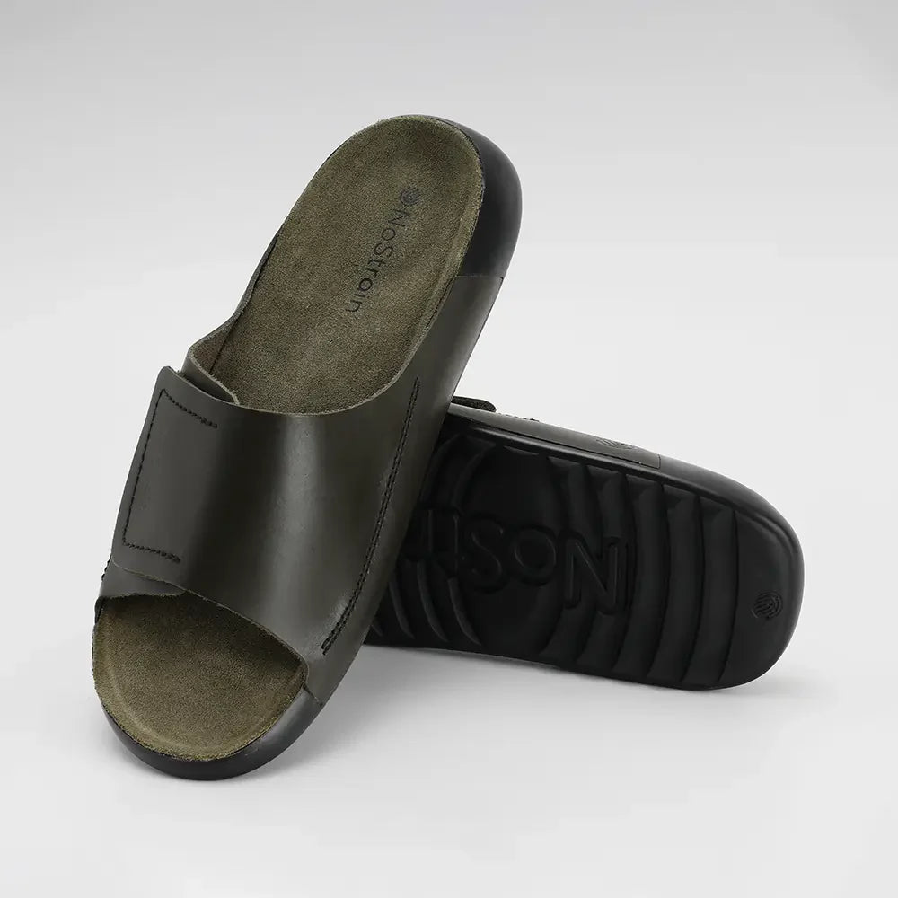 lightweight men olive green leather sliders