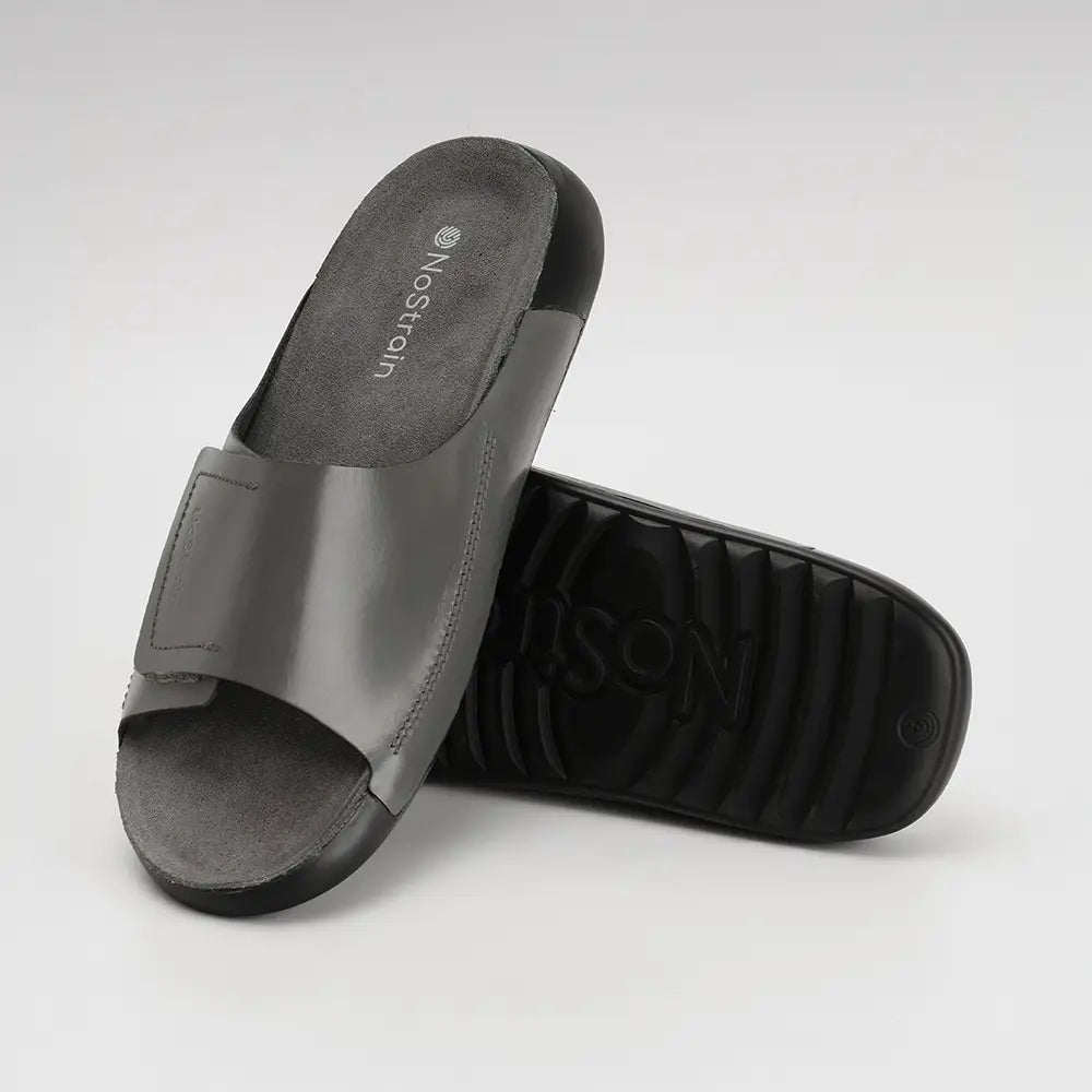 Broad Strap Leather Sliders for men in Slate Grey - LS08
