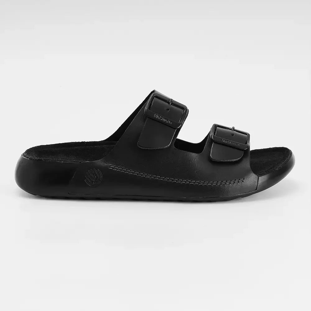 NoStrain men Black leather sandals with buckle adjustable strap