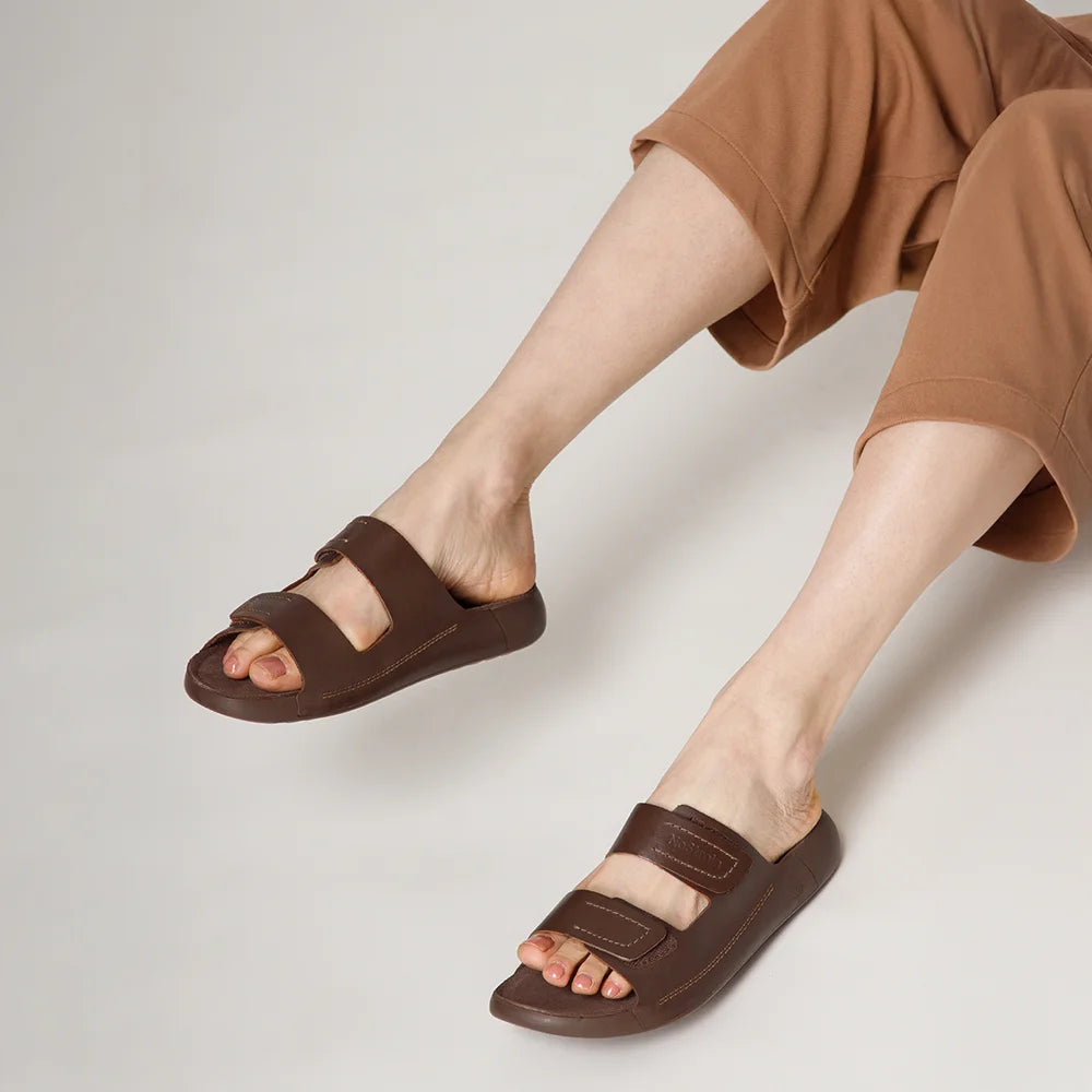 NoStrain women leather footwear brown color with parallel strap design and durable PU grip.