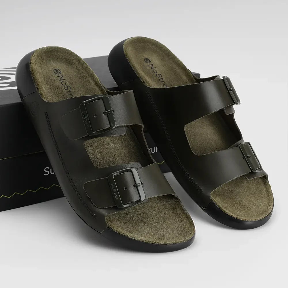 lightweight men Olive green leather sandals with buckles