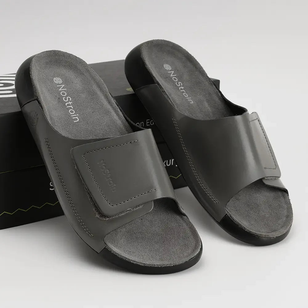 Slate grey broad strap stylish leather sliders for men