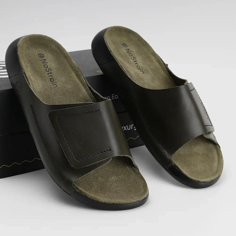 olive green broad strap stylish leather sliders for men