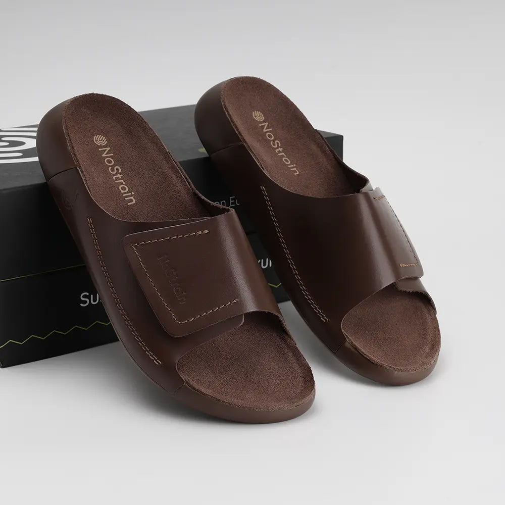 Full view of the broad strap men's slider sandal in Cookie Brown, made with ISI certified materials.
