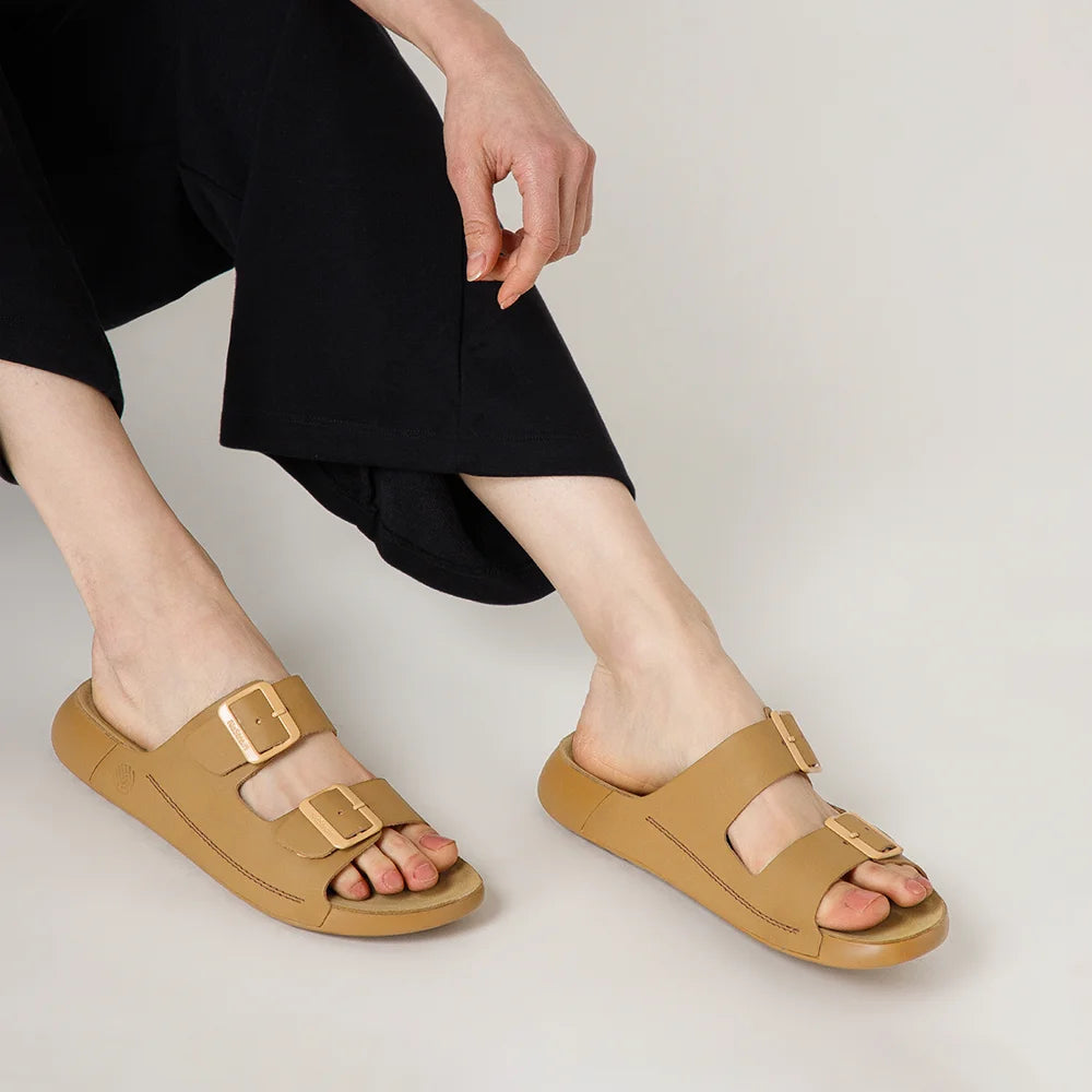NoStrain camel leather sandals women featuring metal buckles and ISI marked premium leather quality.