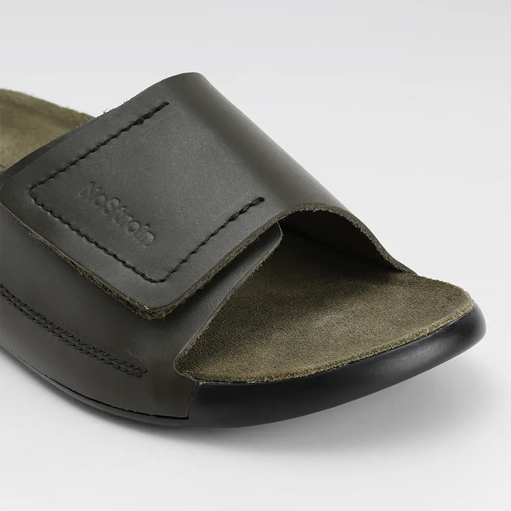 Broad Strap Leather Sliders for men in Olive Green - LS11