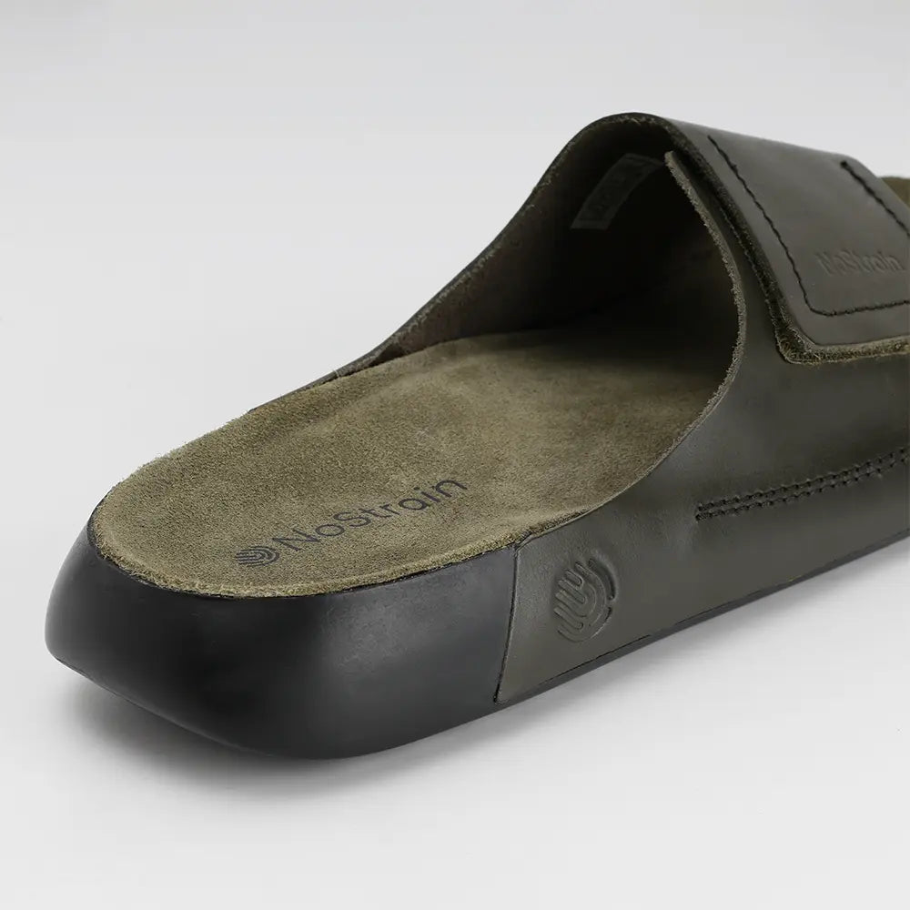 Broad Strap Leather Sliders for men in Olive Green - LS11