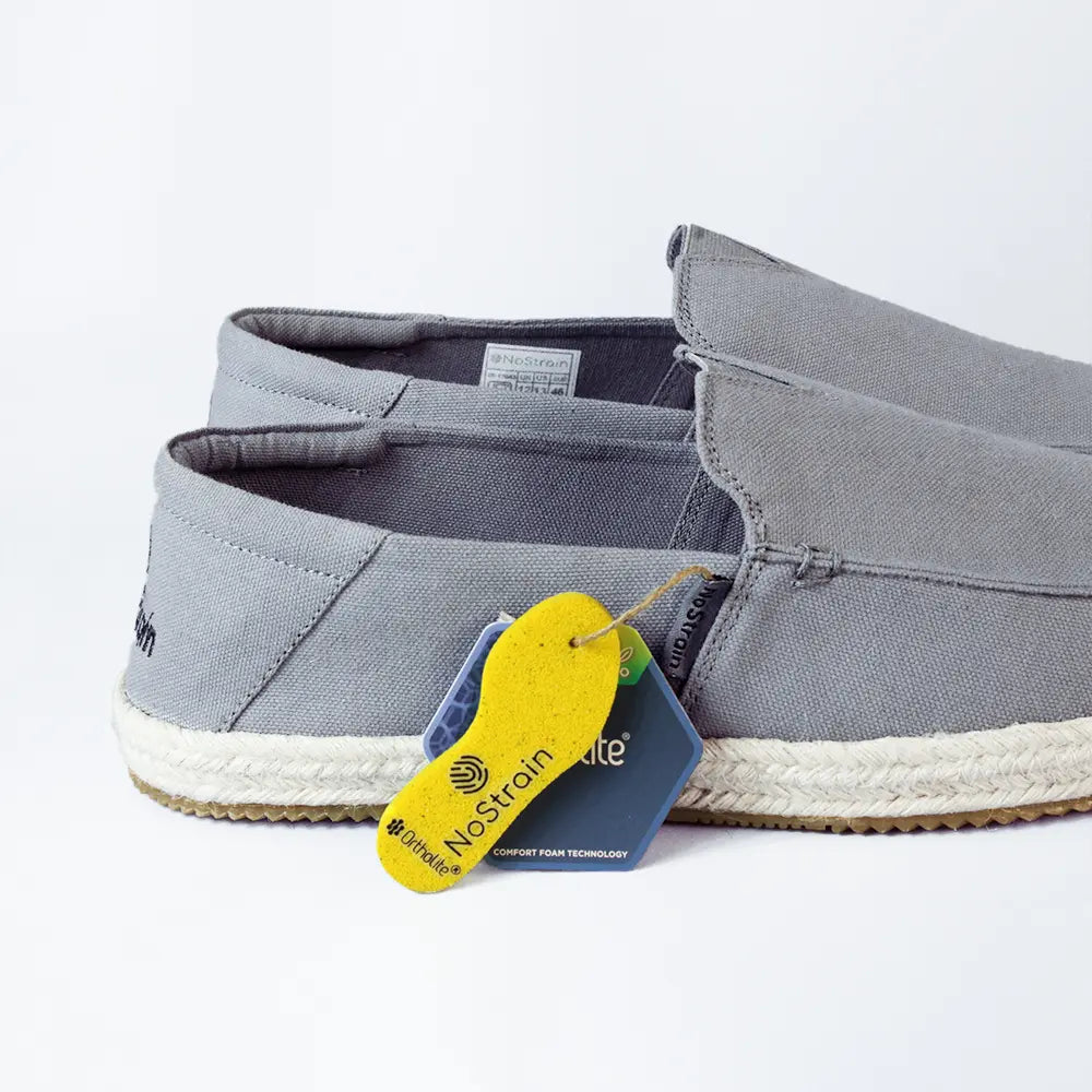 Men’s Grey Cotton Canvas Espadrilles by NoStrain with Breathable Upper, Ortholite Comfort Insole, and Anti-Skid Outsole.