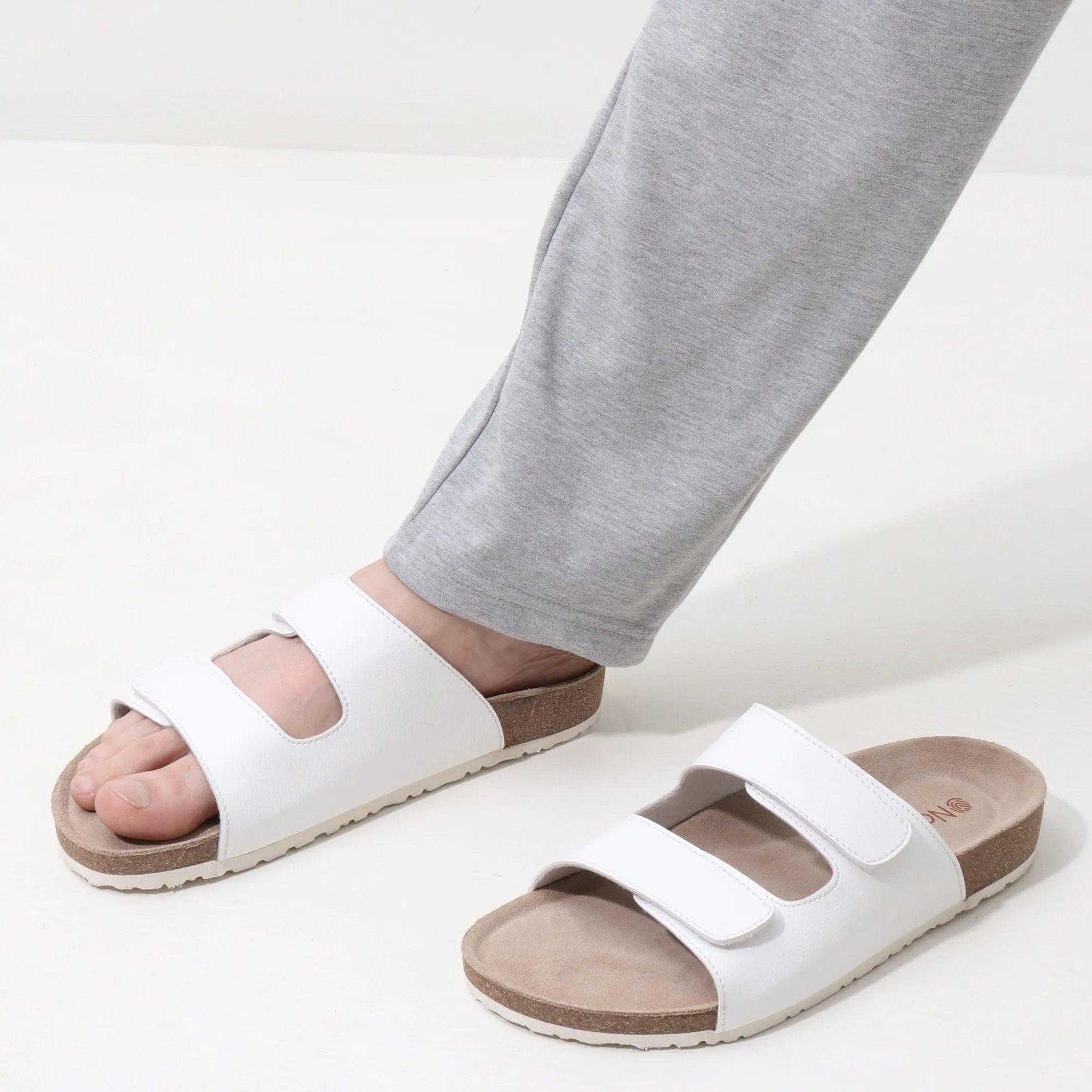 white leather parallel cork sandals for men