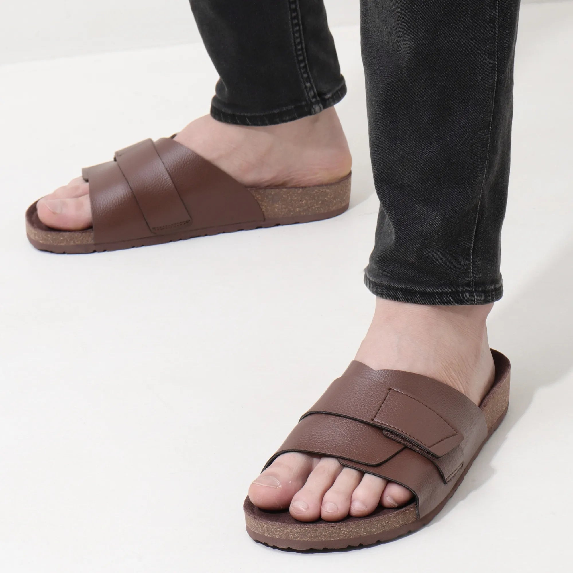 Men’s Double-Layer Cork Leather Sandals Cookie Brown