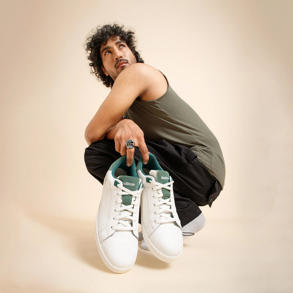 NoStrain ALBA Men Sneakers | Leather Tennis-Style Shoes for Men | Casual Lace-Up Sneakers | Sage Green & White