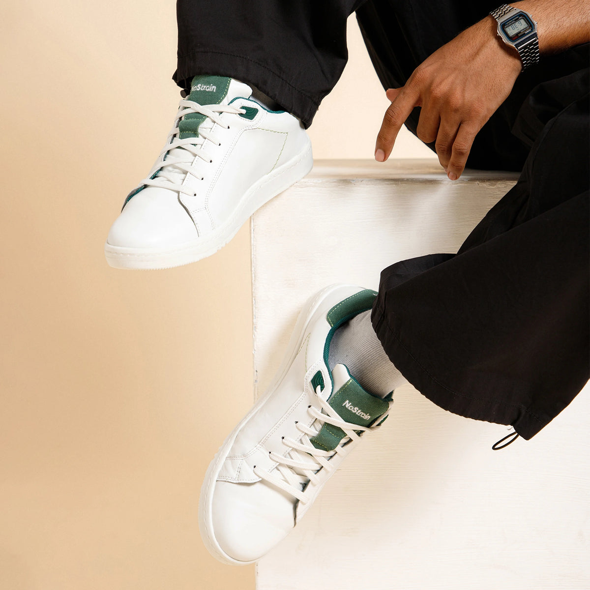 NoStrain ALBA Men Sneakers | Leather Tennis-Style Shoes for Men | Casual Lace-Up Sneakers | Sage Green & White