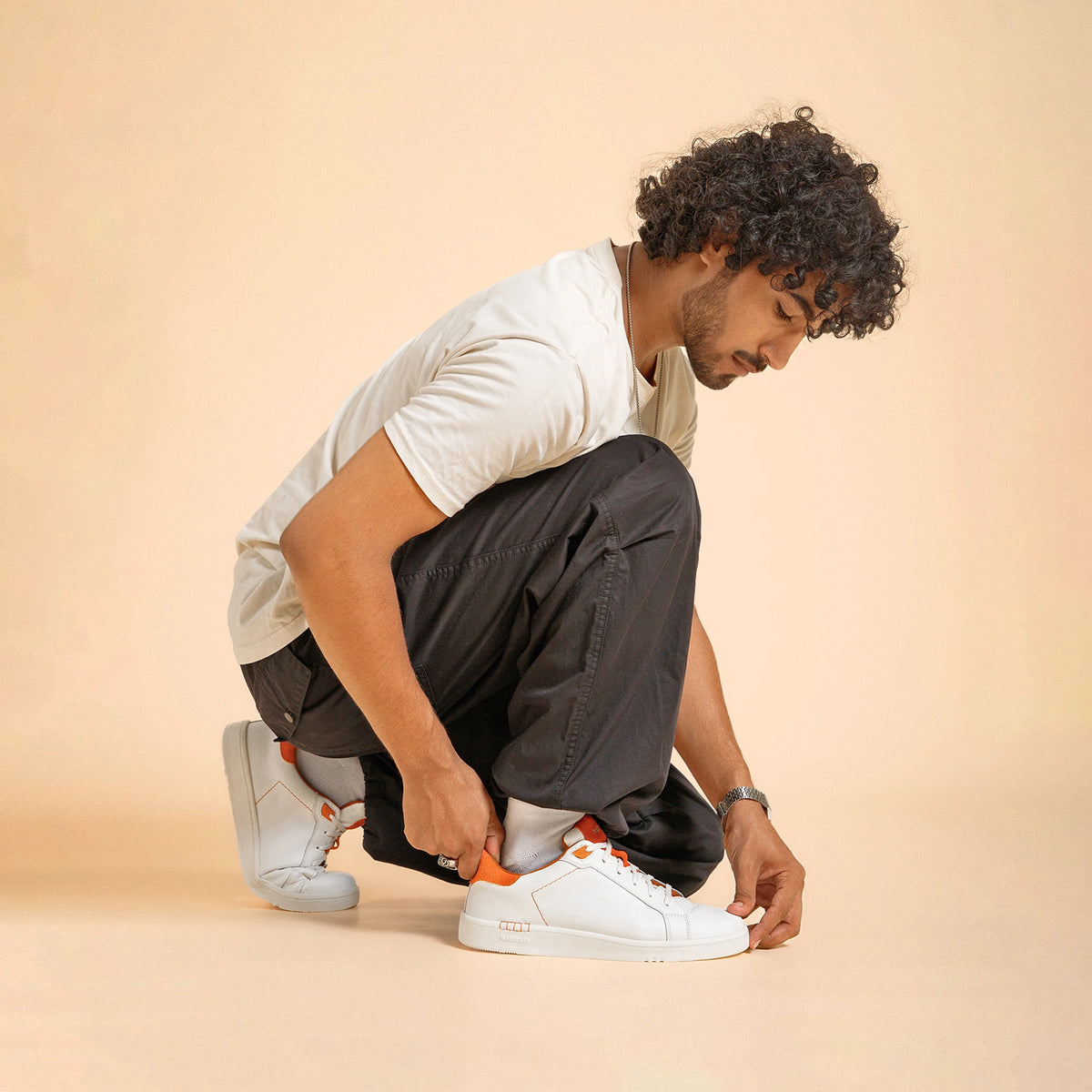 NoStrain ALBA Men Sneakers | Leather Tennis-Style Shoes for Men | Casual Lace-Up Sneakers | Blaze Orange & White