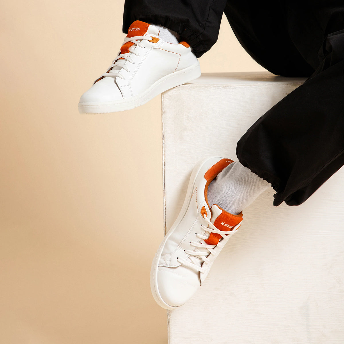 NoStrain ALBA Men Sneakers | Leather Tennis-Style Shoes for Men | Casual Lace-Up Sneakers | Blaze Orange & White