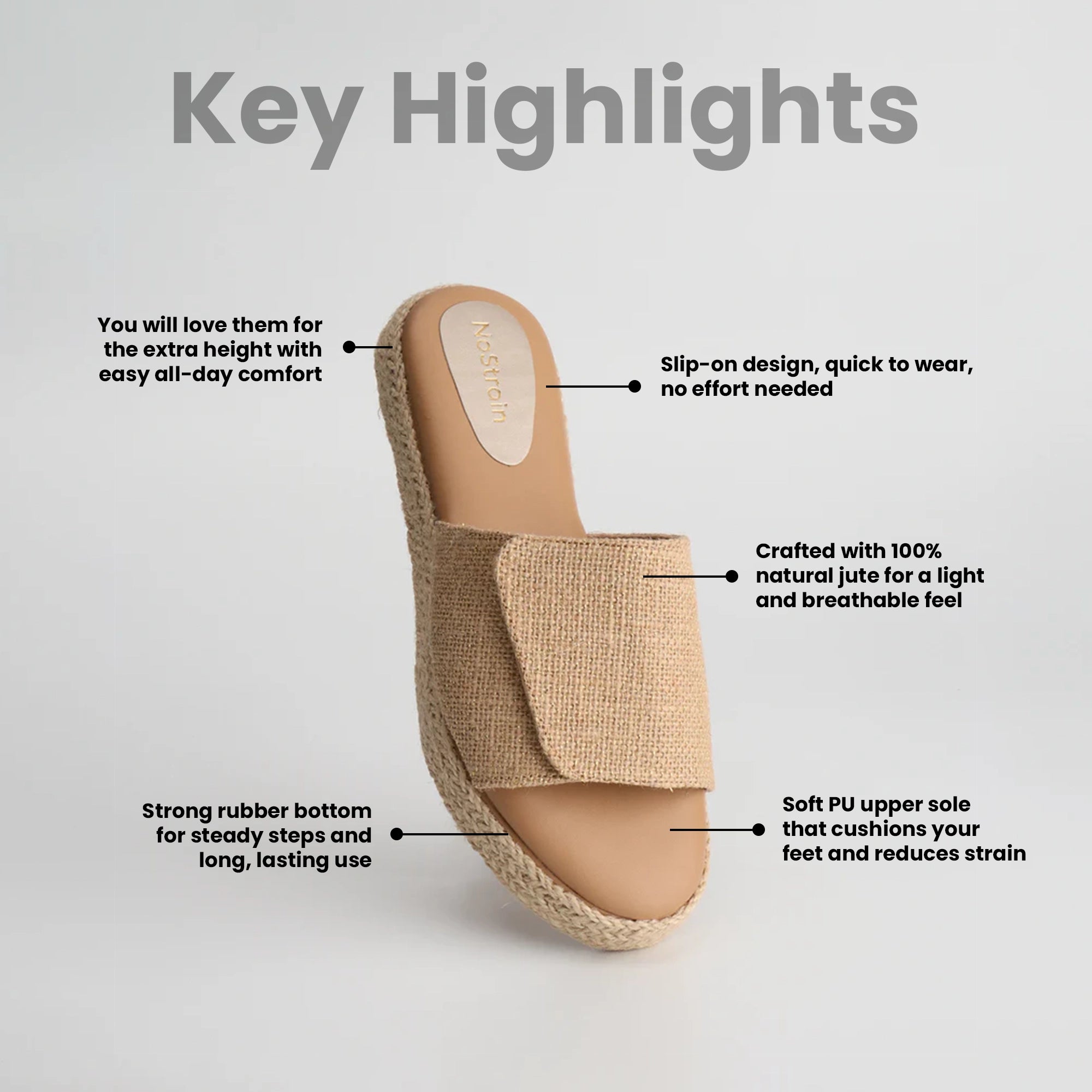 Women's platform sandals made with 100% natural jute upper, slip-on design, rubber sole, and synthetic PU insole.
