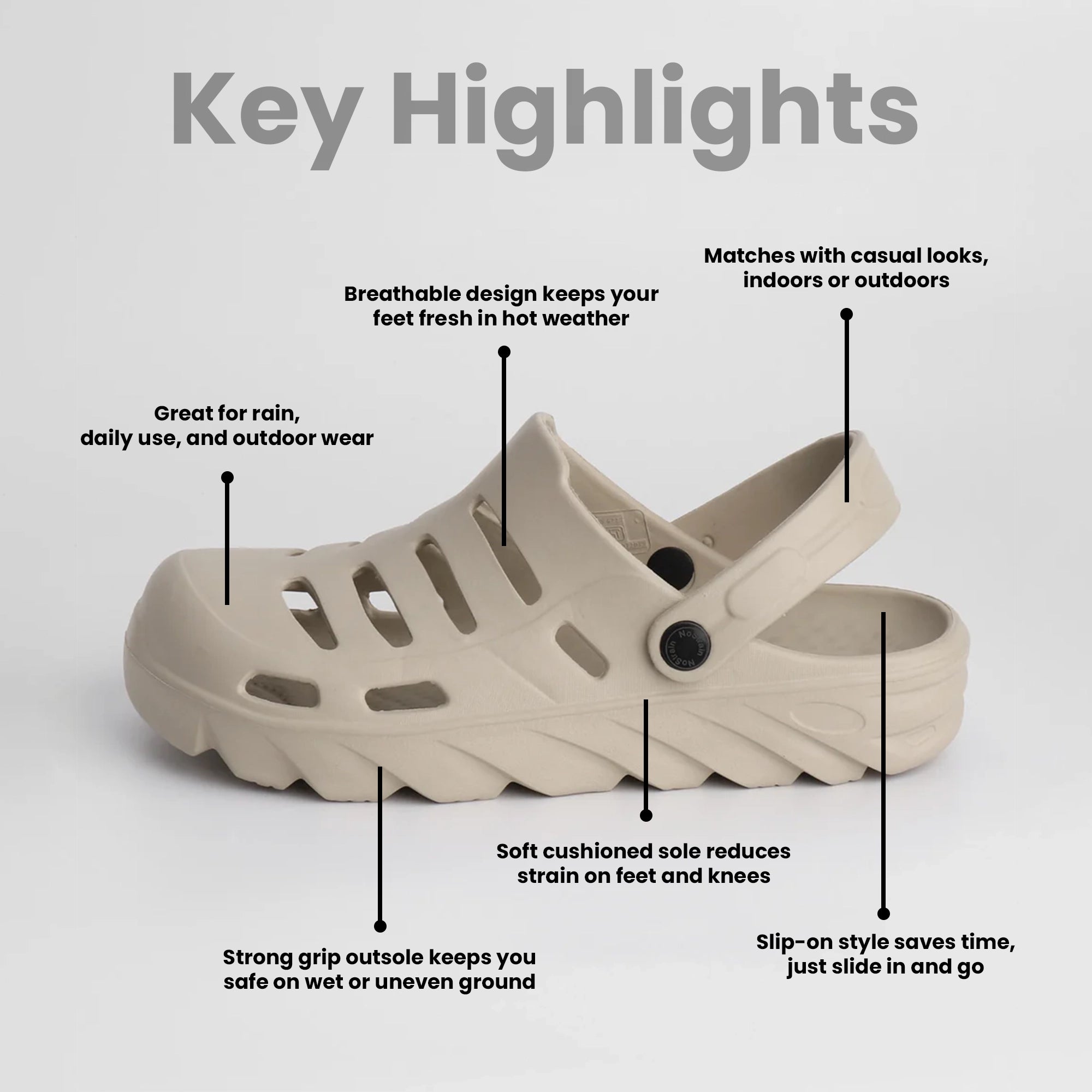 NoStrain Beige Clogs for men with features highlighted