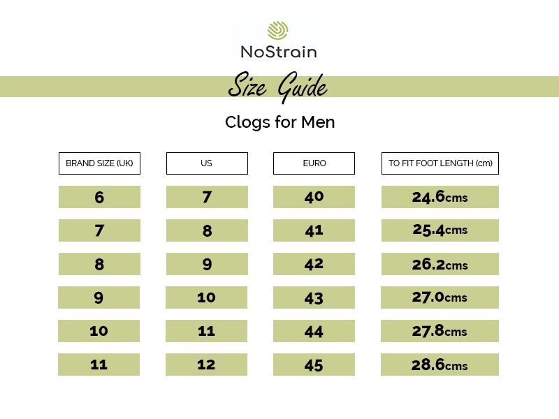 Clogs Size chart for men