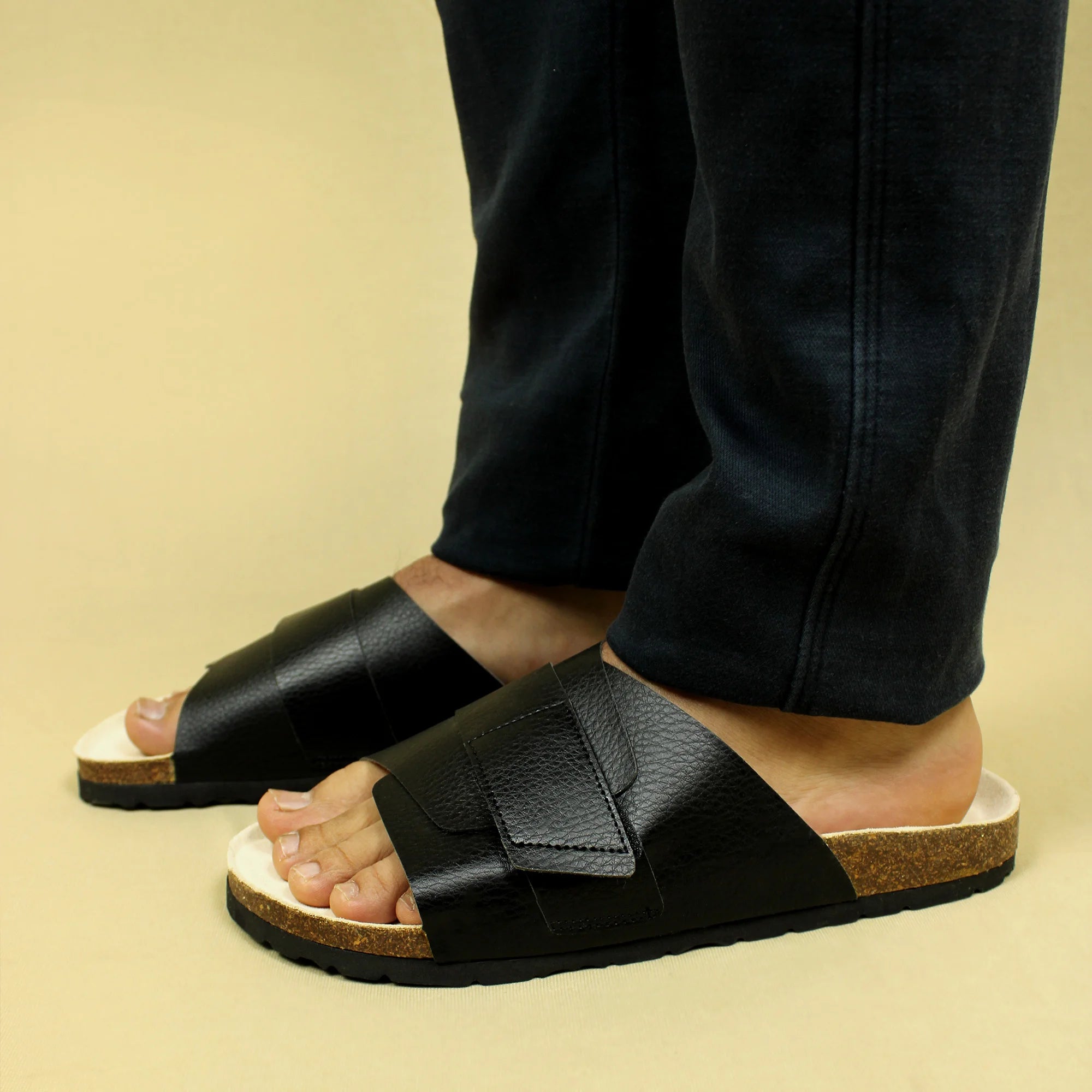 Double Layered Black Cork Sandals (Men)