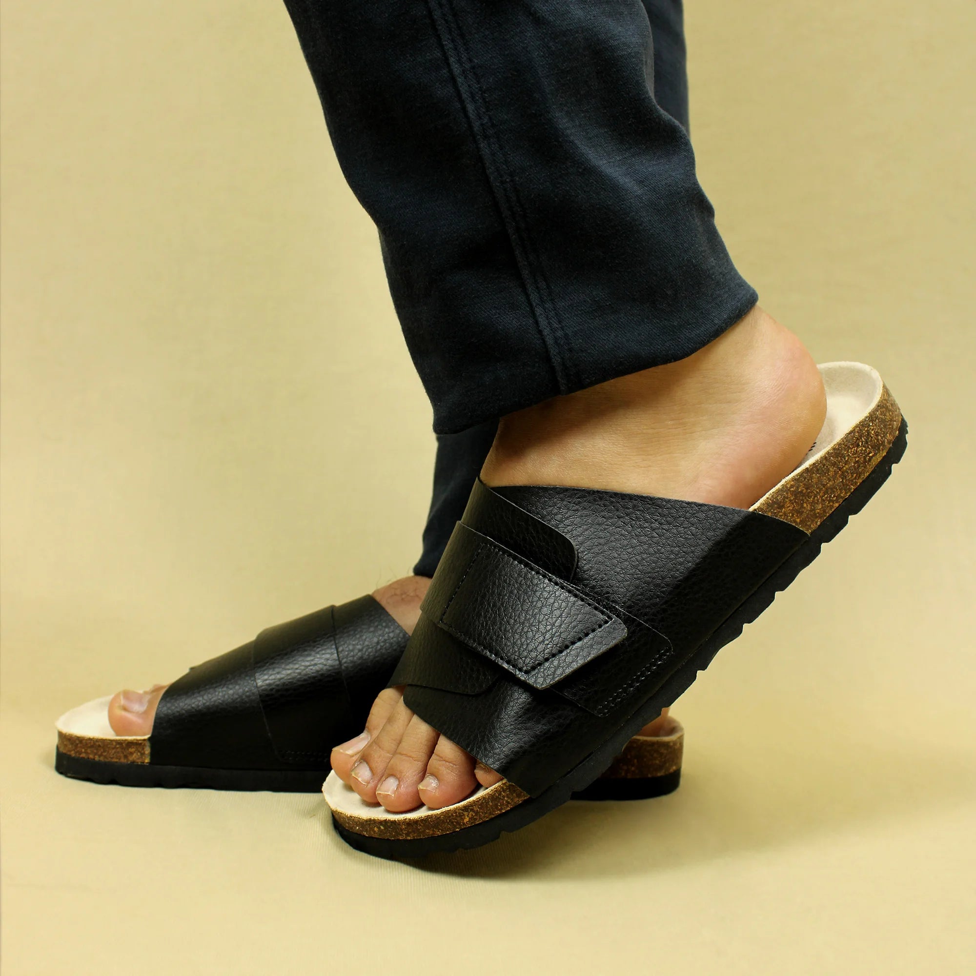 Double Layered Black Cork Sandals (Men)