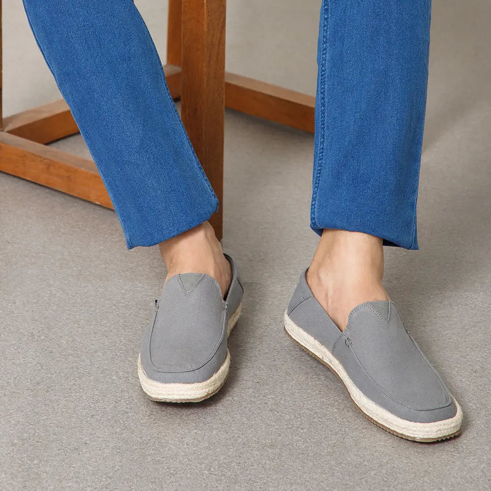 NoStrain grey cotton canvas slip-on shoes for men featuring a breathable upper for all-day comfort.