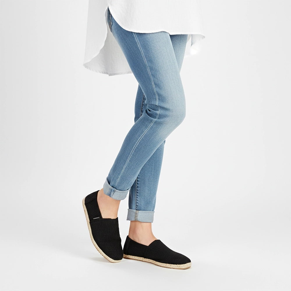 Black cotton slub espadrilles for women featuring Ortholite removable insoles.