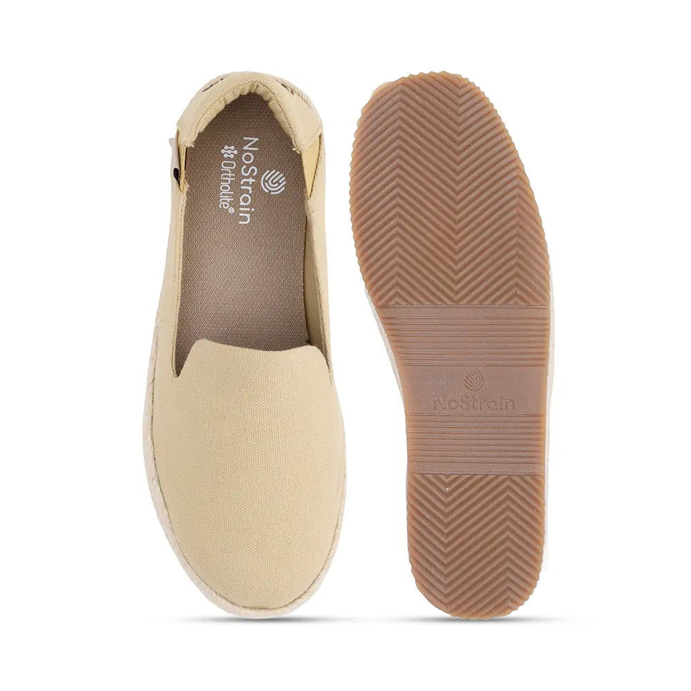 NoStrain beige espadrille-style shoes for women with a rubberized anti-skid outsole for safety.