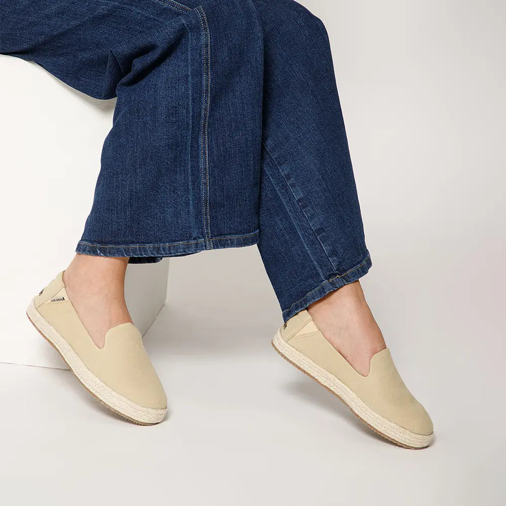 NoStrain beige cotton canvas slip-on shoes for women with a natural cotton lace decoration.
