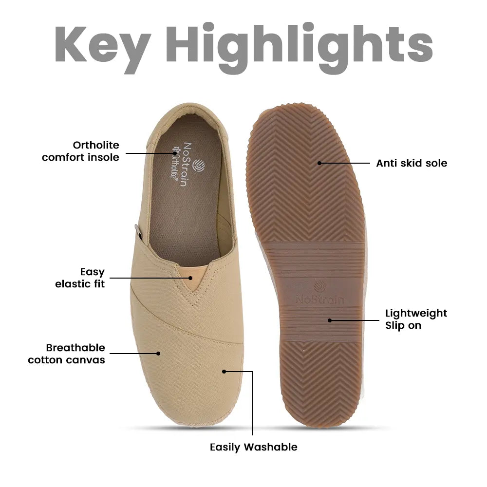 Breathable beige cotton shoes for men by NoStrain designed for easy-to-wear style and maximum foot comfort.