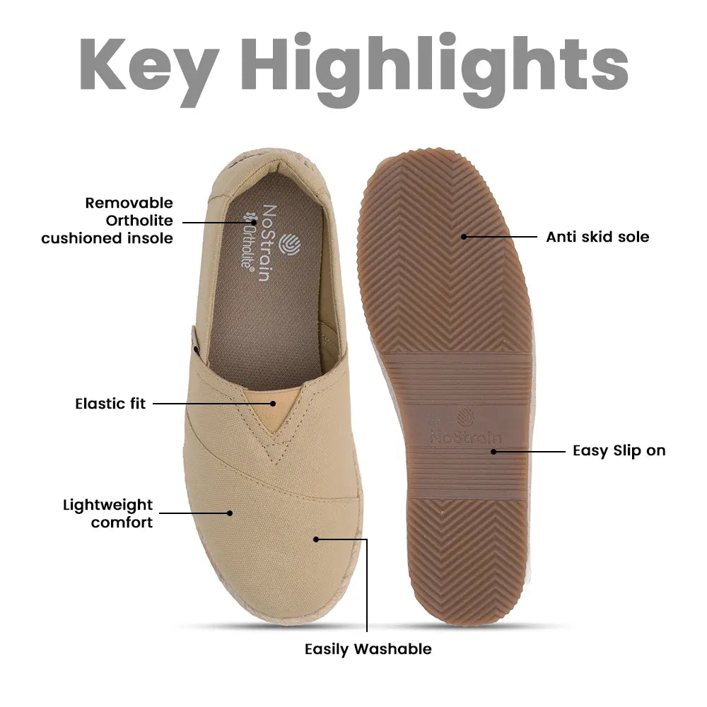 NoStrain beige canvas round-shaped espadrilles for women featuring a comfortable slip-on design.